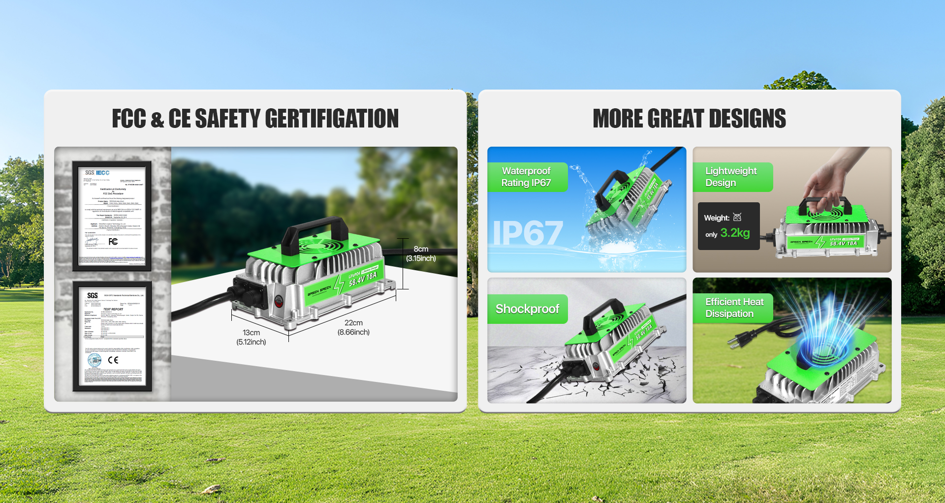 FCC & CE certification, IP67 waterproof rating, ~3.2 kg lightweight, shockproof body and efficient heat dissipation