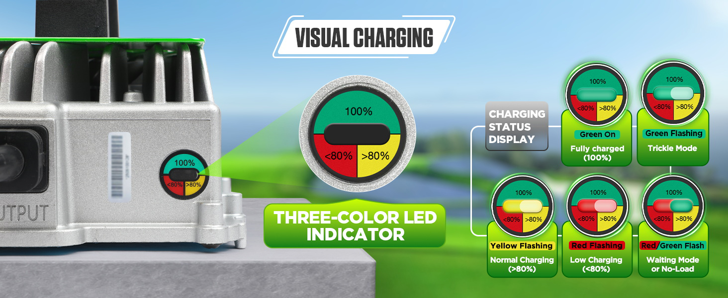 Three-color LED charging indicator with states: Green On, Green Flashing, Yellow Flashing, Red Flashing, Red/Green Flash