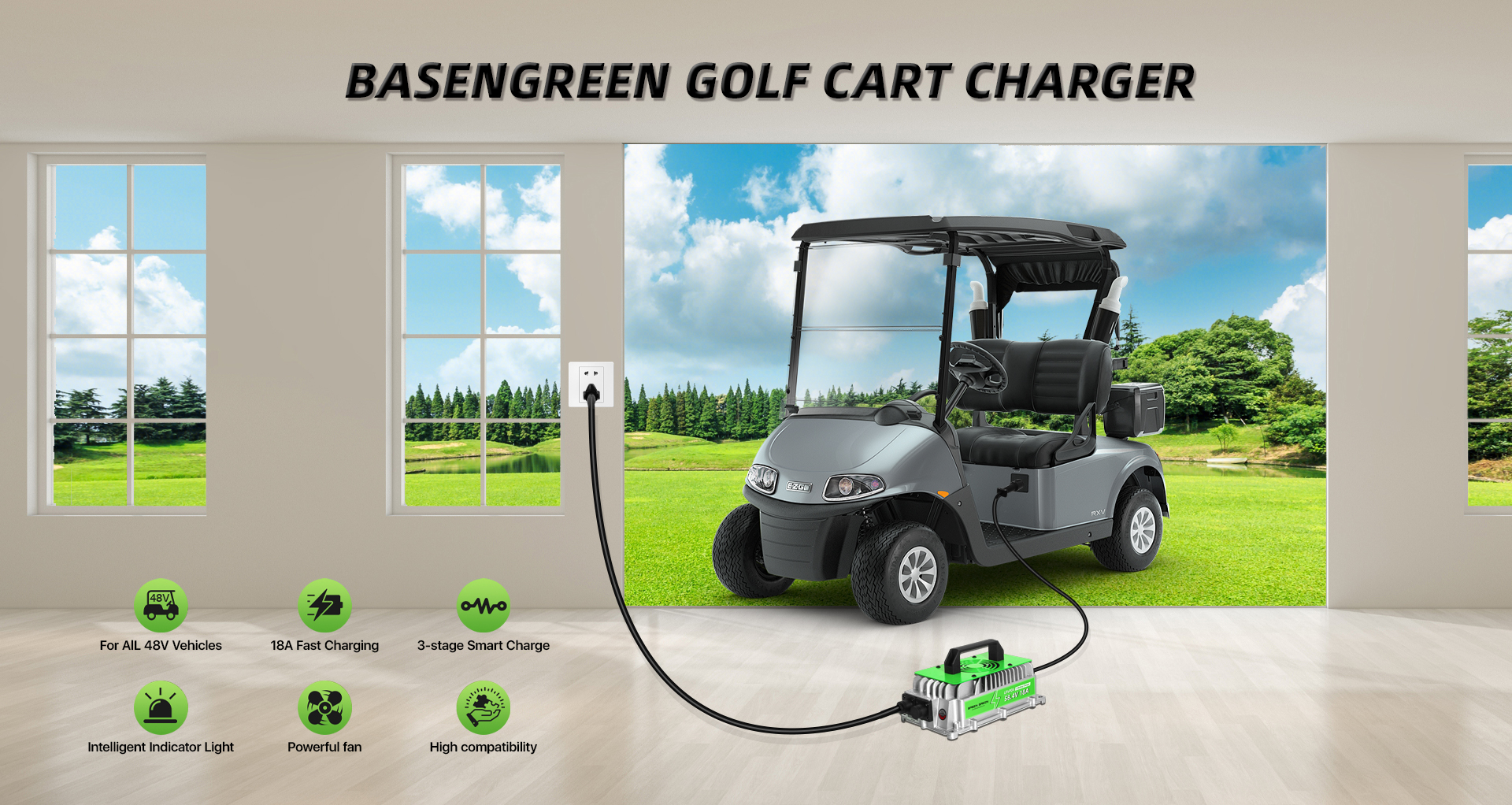 Basengreen 48V golf cart charger with 18A fast 3-stage smart charging, LED indicator, fan cooling and wide compatibility